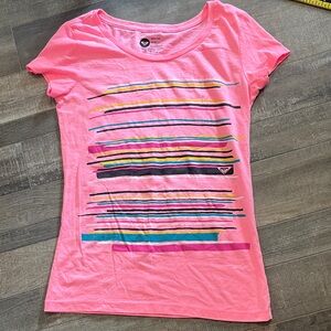 Roxy Neon Pink Striped Tee with Multicolor Accents